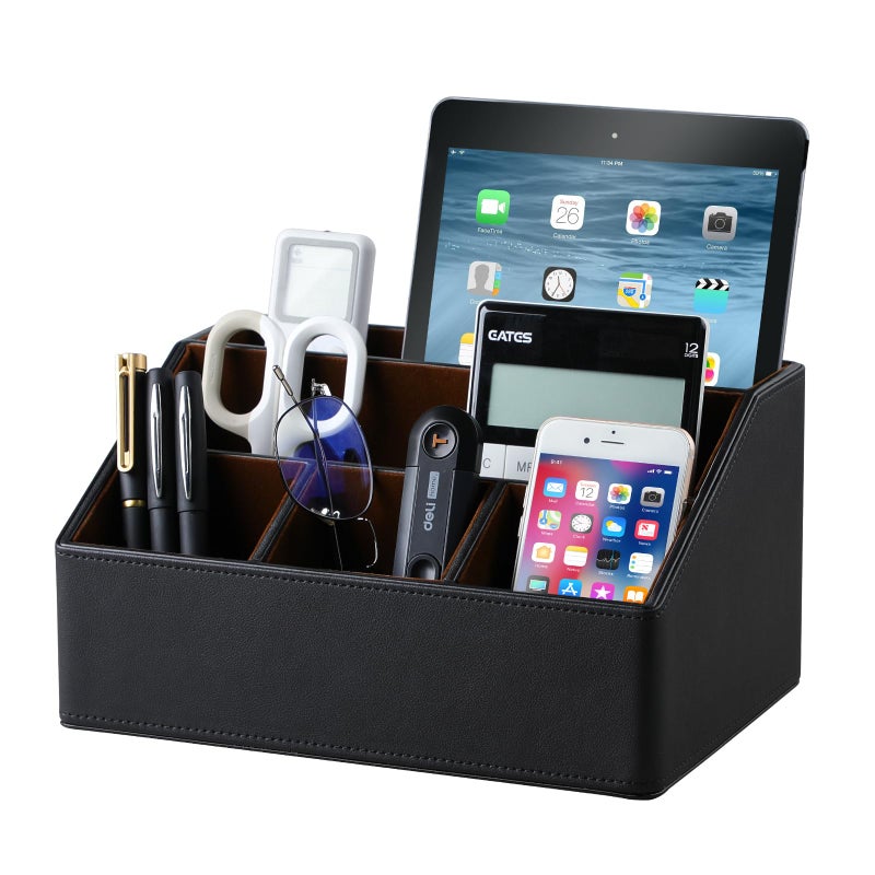 Cretkhp Pu Leather Desk Organizer  Multifunctional Storage Box with 5 Compartments  Office Accessories Pen Pencil Business Name Cards Remote Control Holder (Black) - Image 1